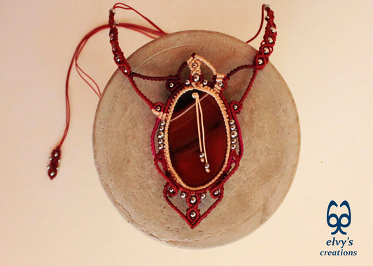 Red Macrame Choker Necklace with Carnelian and Hematite Gemstones Lace Choker Necklace