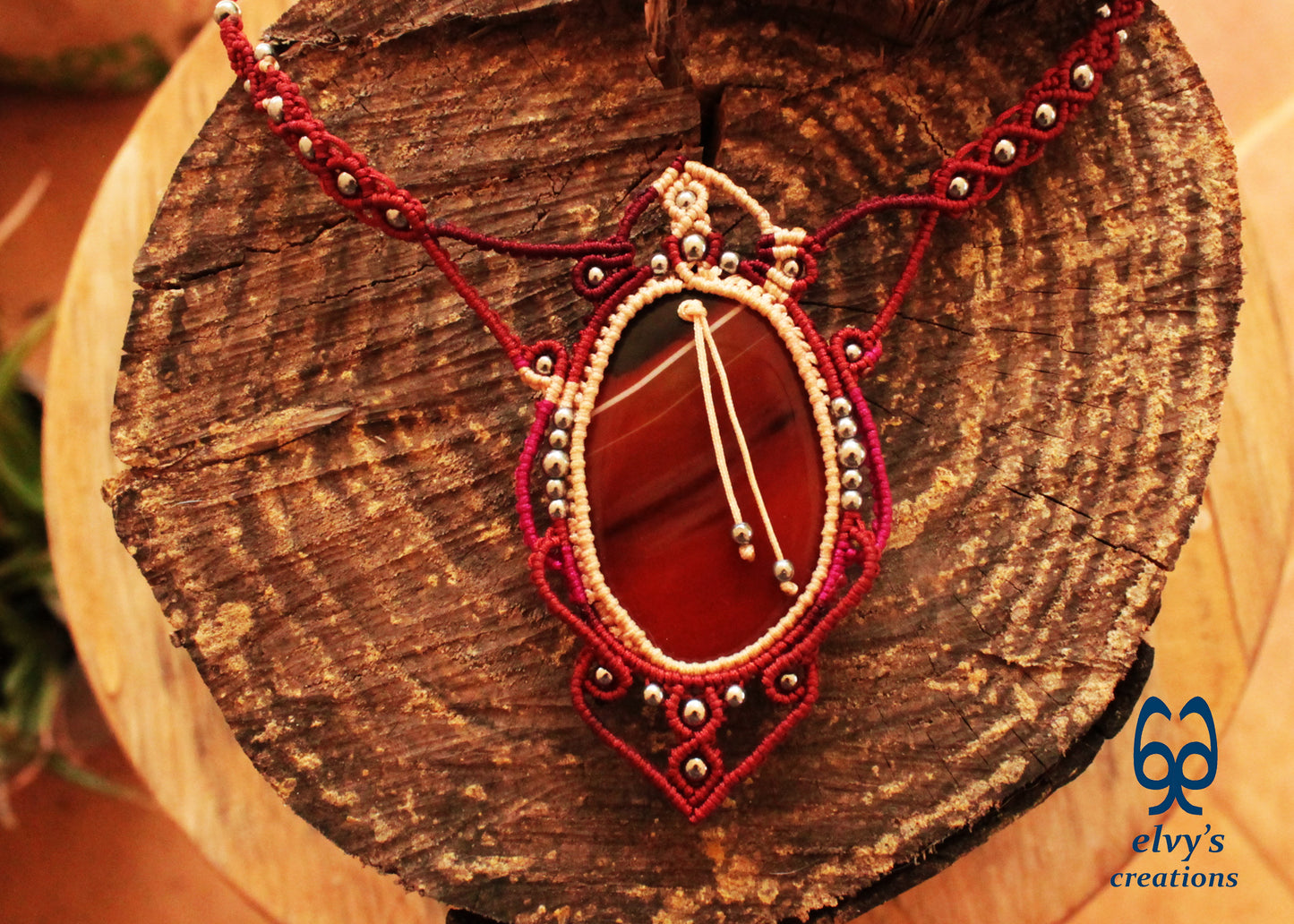 Red Macrame Choker Necklace with Carnelian and Hematite Gemstones Lace Choker Necklace