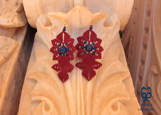 Red Macrame Earrings with Long Dangle with Blue Lapis Lazuli Gemstones