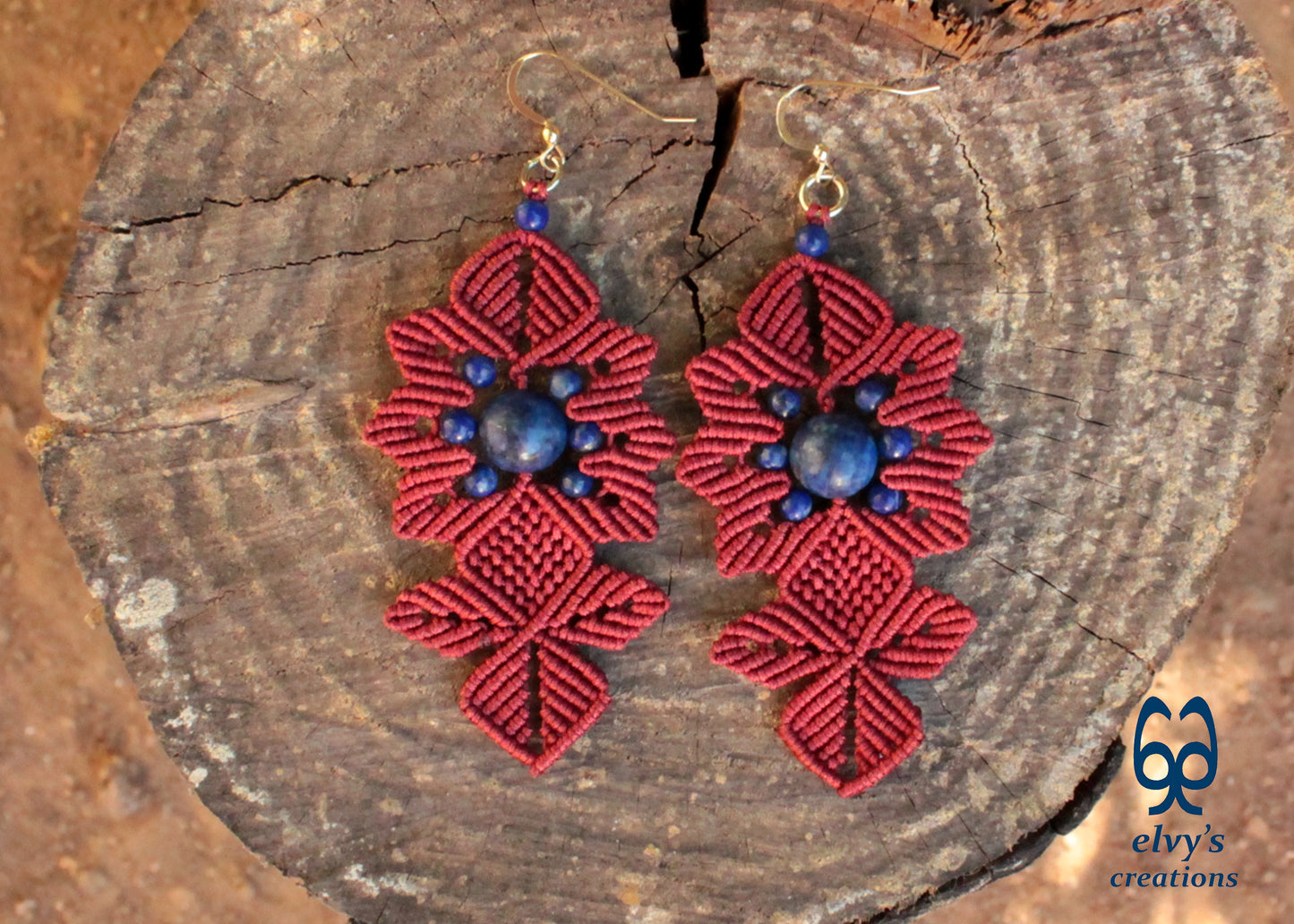 Red Macrame Earrings with Long Dangle with Blue Lapis Lazuli Gemstones