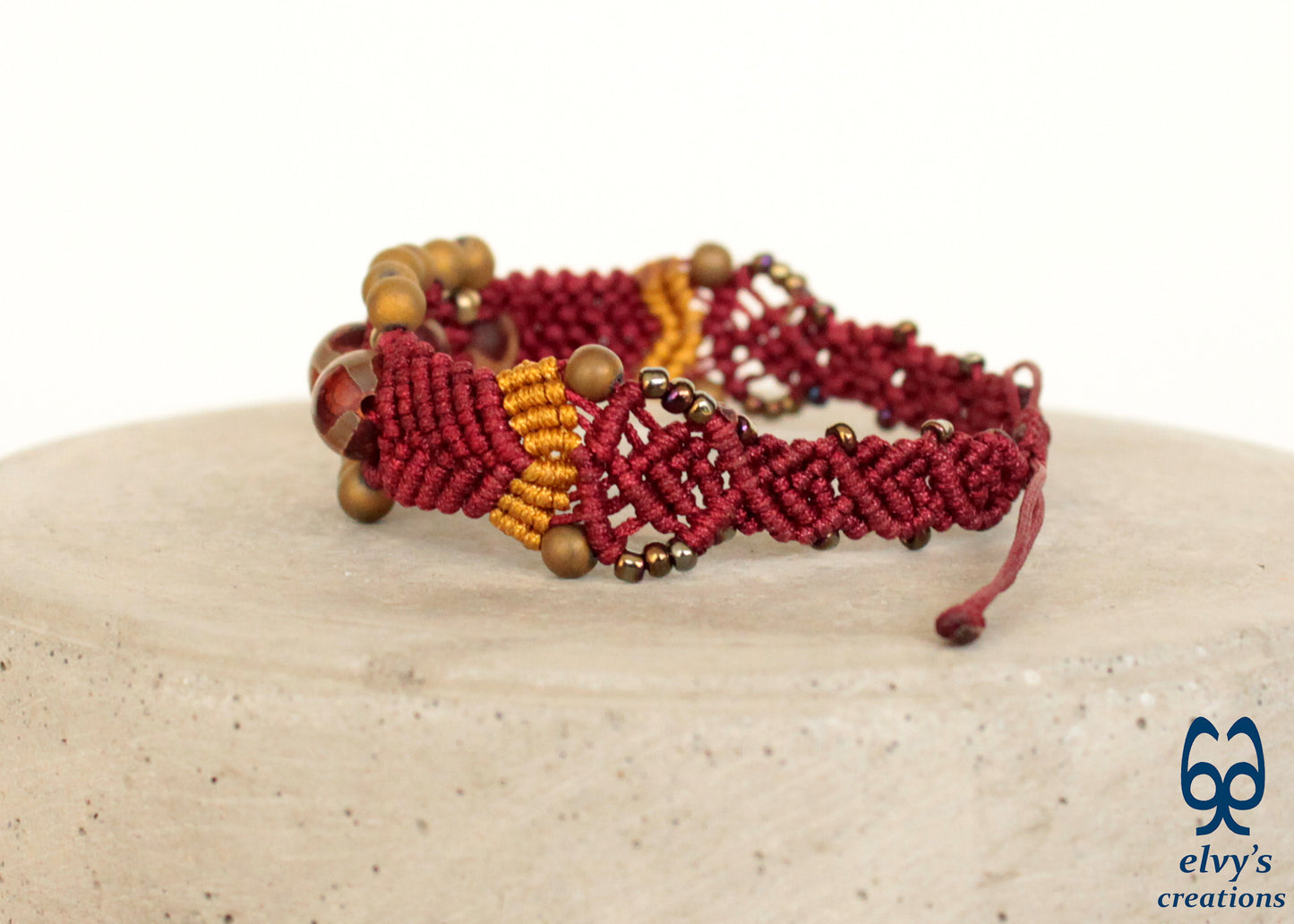 Red Macrame Bracelet Agate and Gold Hematite Beaded Boho Tribal Festival Bracelet for Women