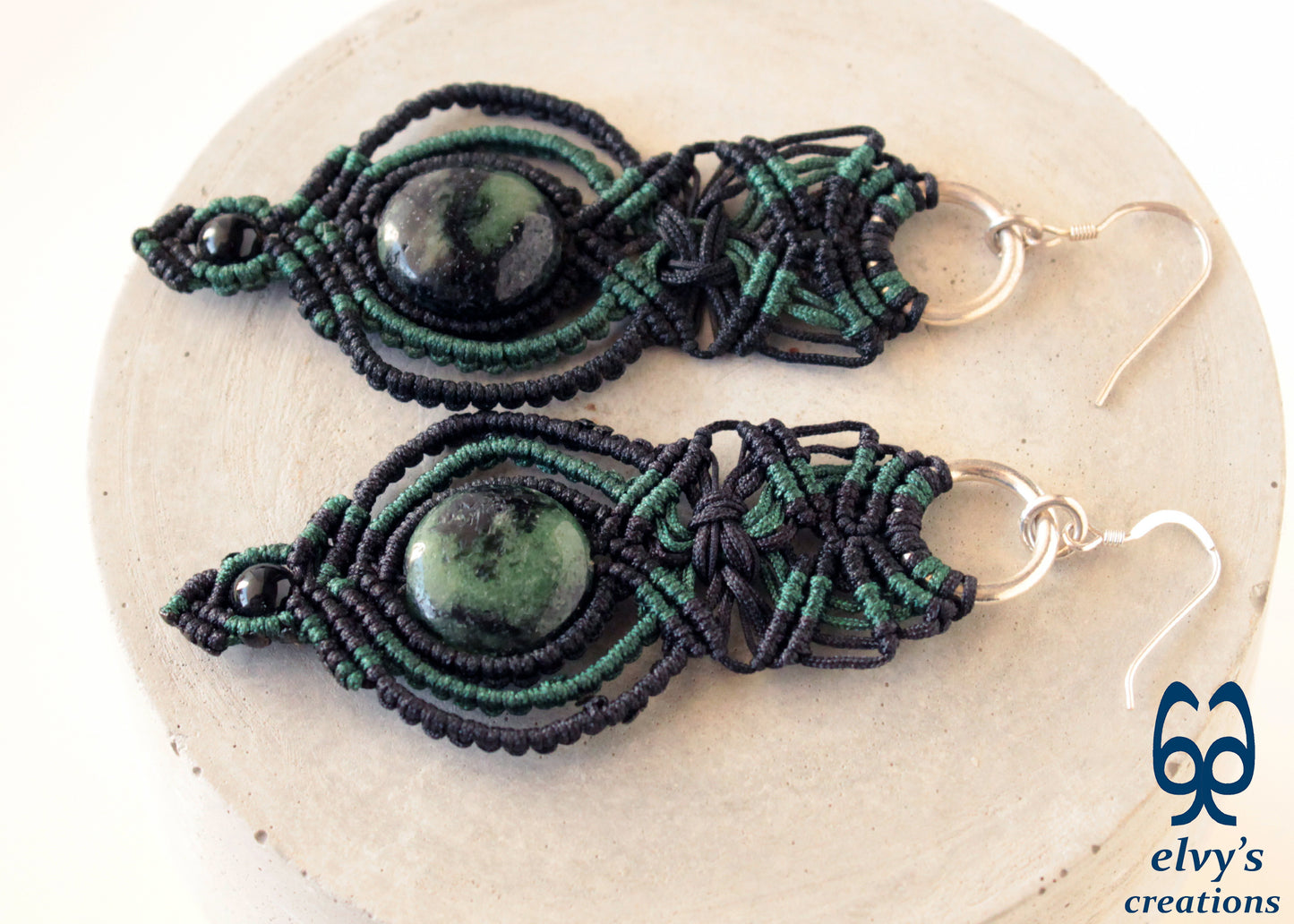 Black and Green Macrame Earrings with Onyx and Labradorite Gemstones