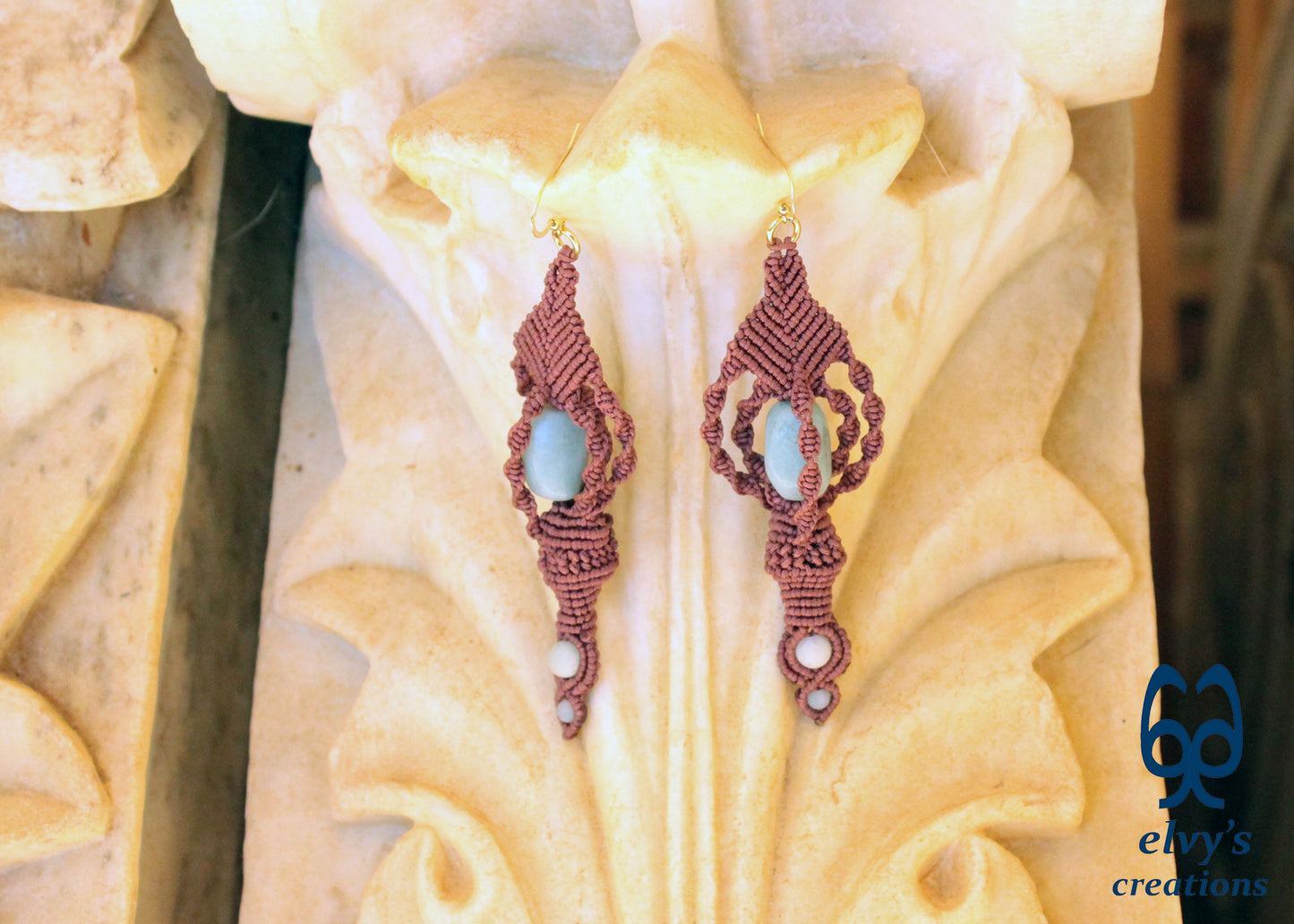 Blue Macrame Earrings, Amazonite Gemstones Beads, Unique Gift for Women Virgo Birthday Gift