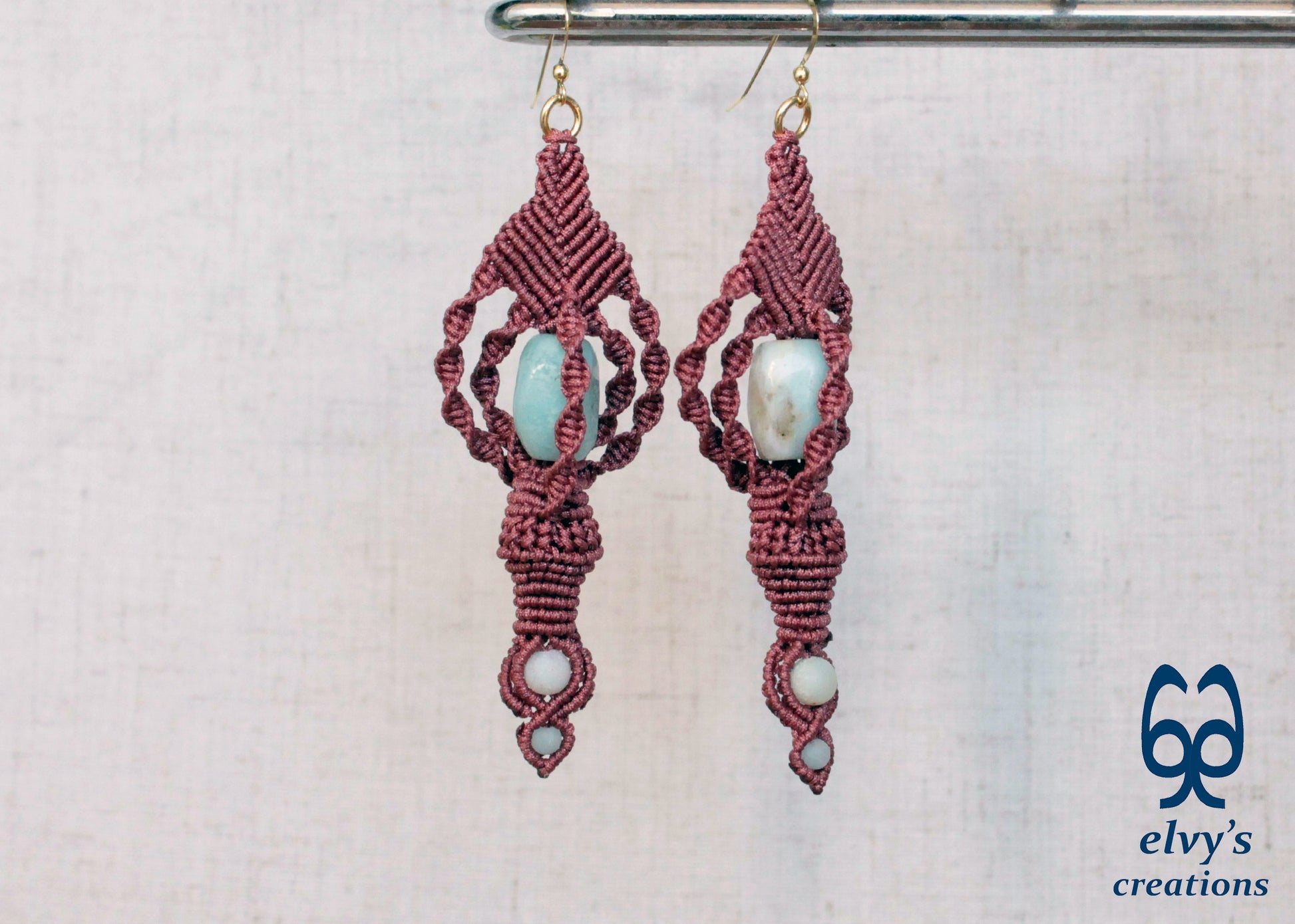 Blue Macrame Earrings, Amazonite Gemstones Beads, Unique Gift for Women Virgo Birthday Gift
