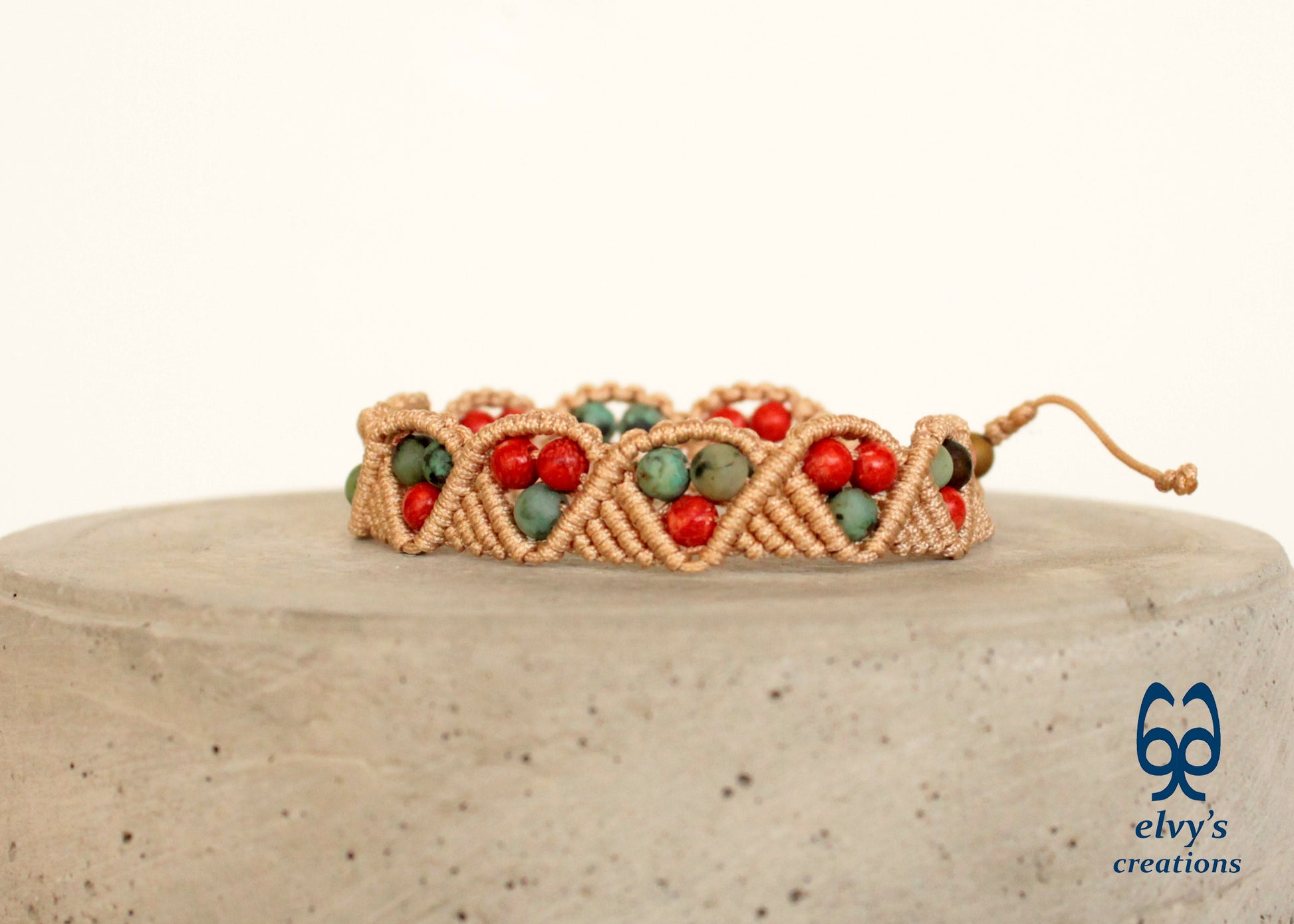 Macrame Beige Boho Beaded Bracelet for Women Natural Turquoise and Red Coral