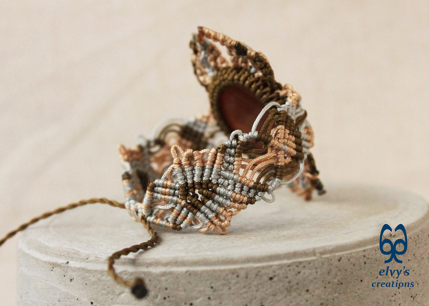 Gold Macrame Bracelet with Carnelian Gemstone Mandala Adjustable Lace Bracelet