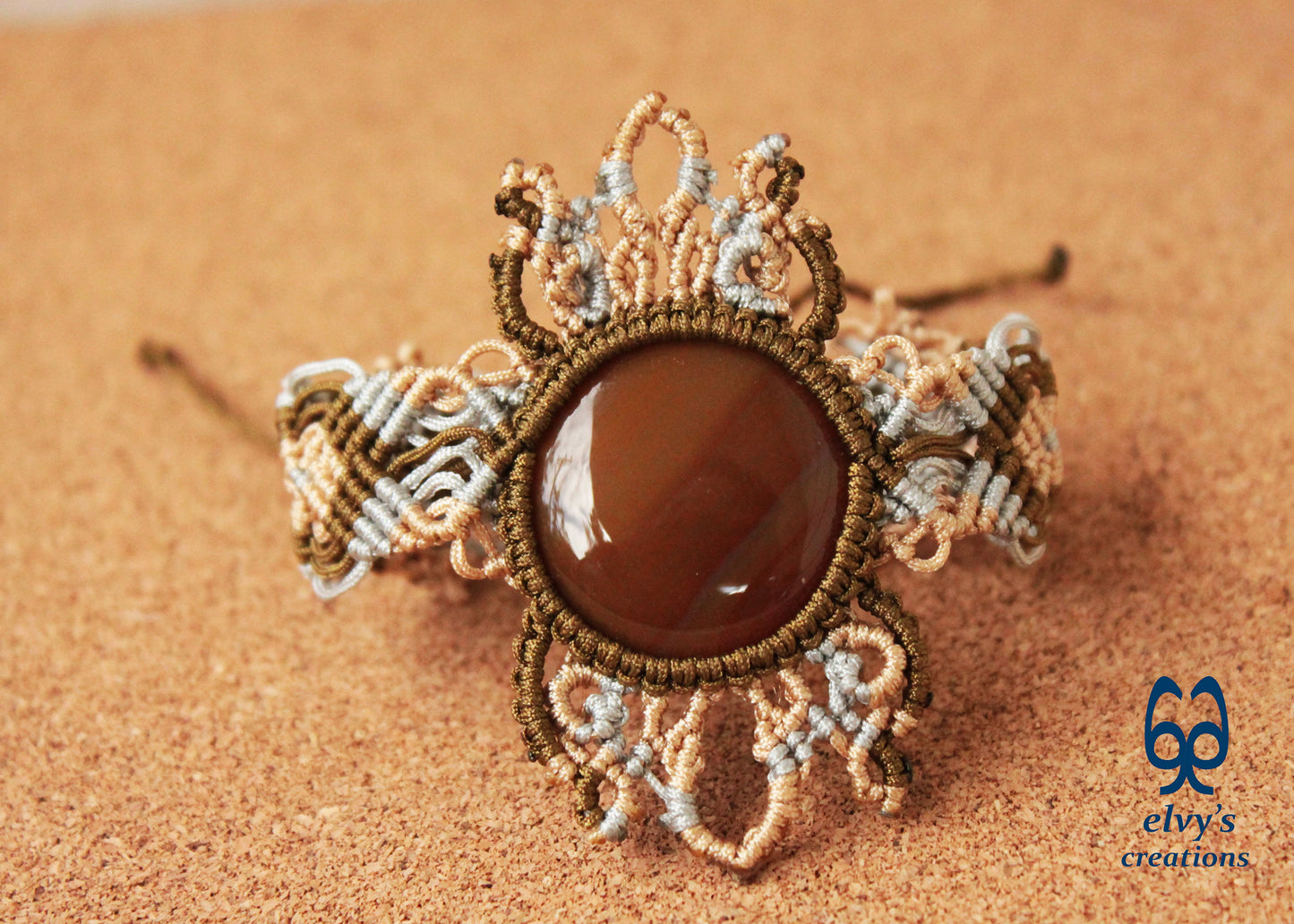 Gold Macrame Bracelet with Carnelian Gemstone Mandala Adjustable Lace Bracelet