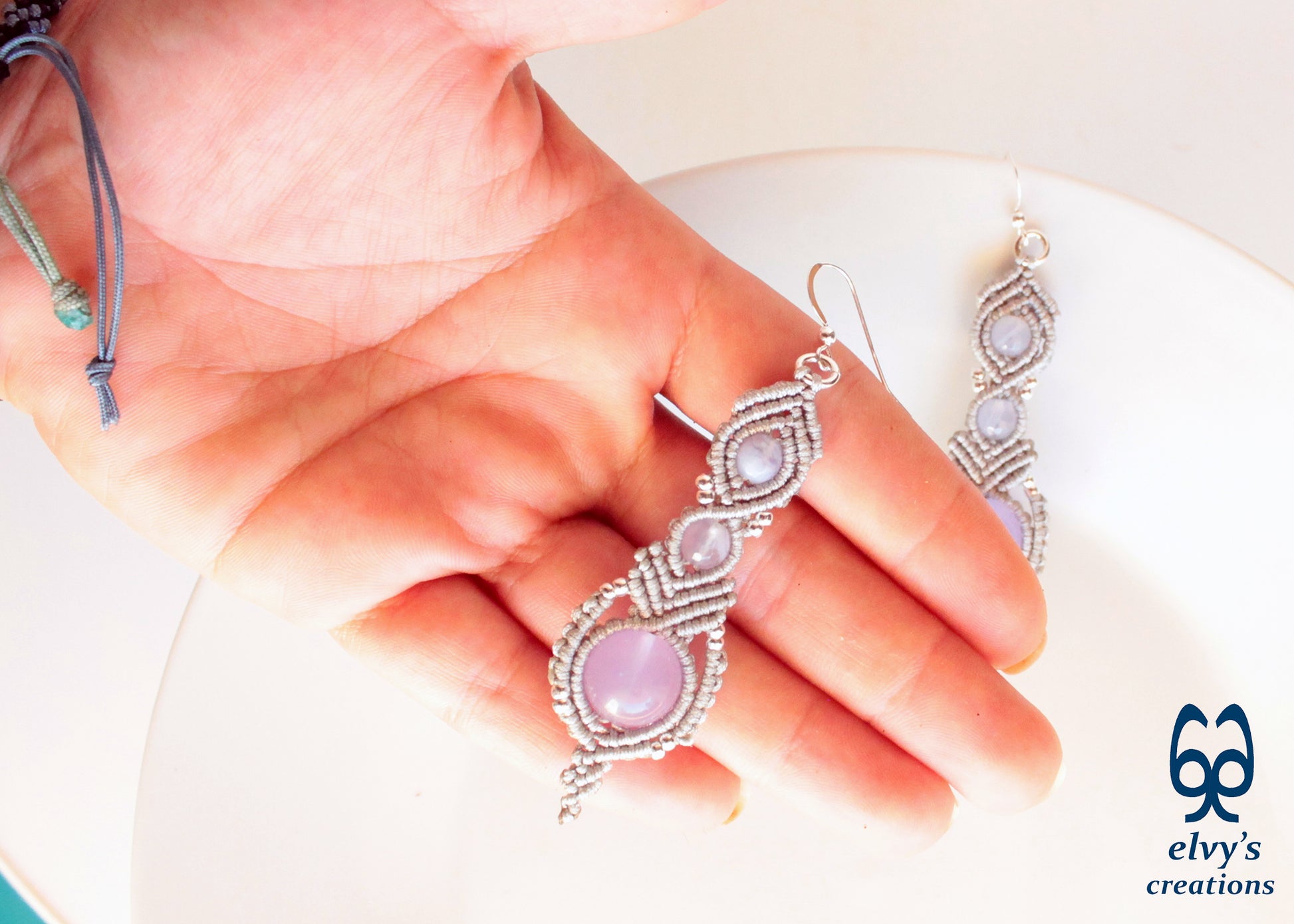 Handmade Silver Macrame Earrings, Dangle Gemstone Beads, Unique Birthday Gift For Women