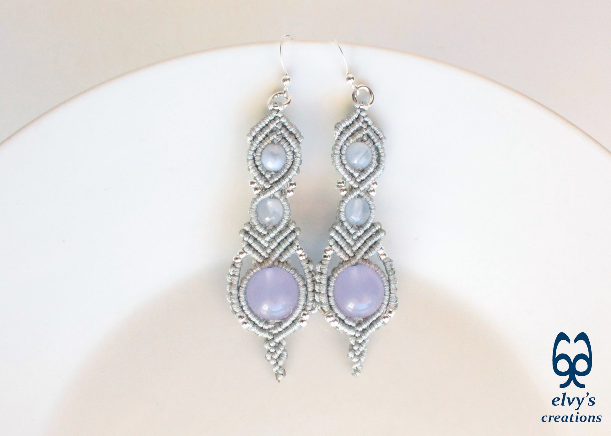 Handmade Silver Macrame Earrings, Dangle Gemstone Beads, Unique Birthday Gift For Women
