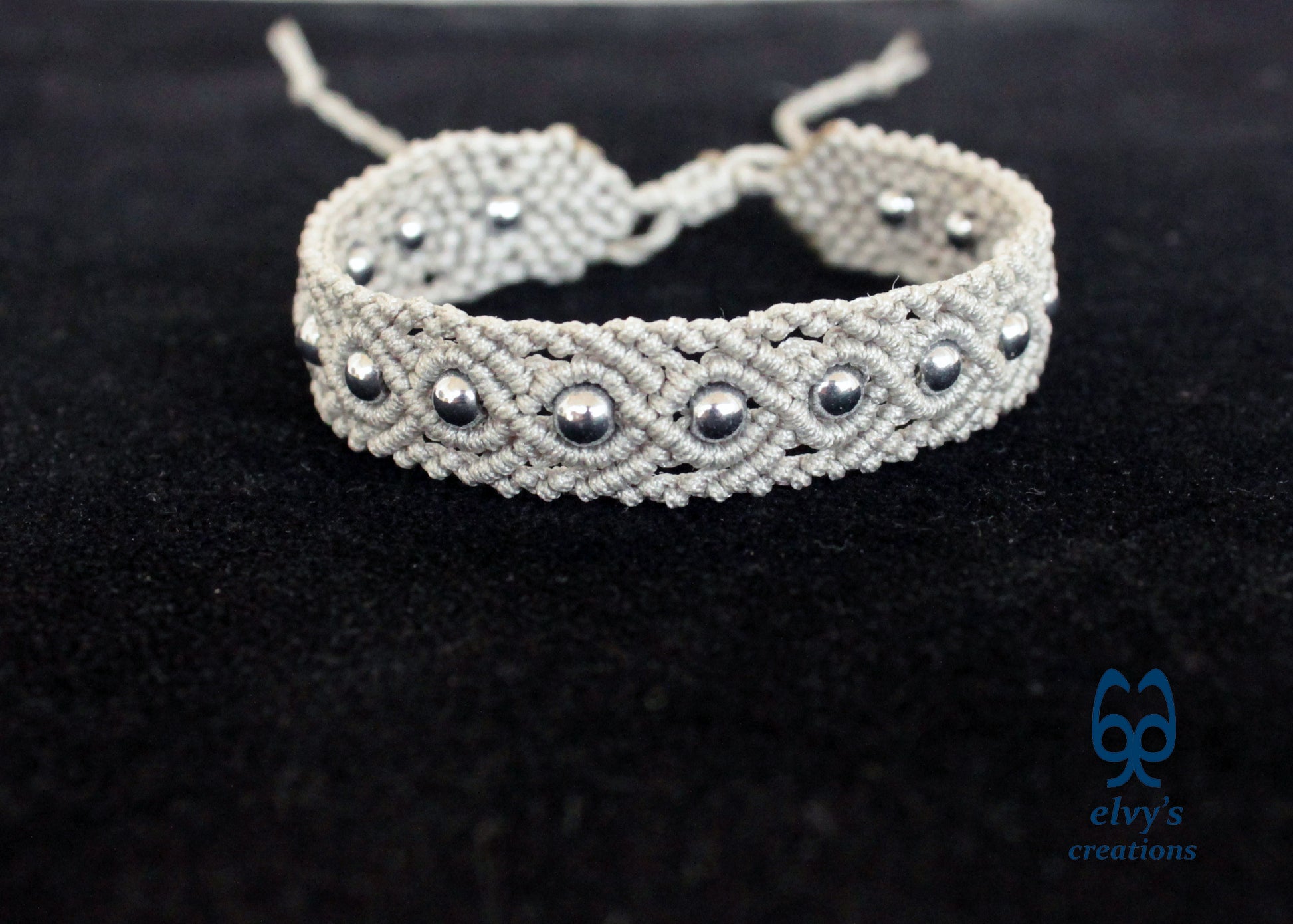 Silver Macrame Bracelet Adjustable Macrame Bracelet Silver Hematite Gemstones Gift for Women
