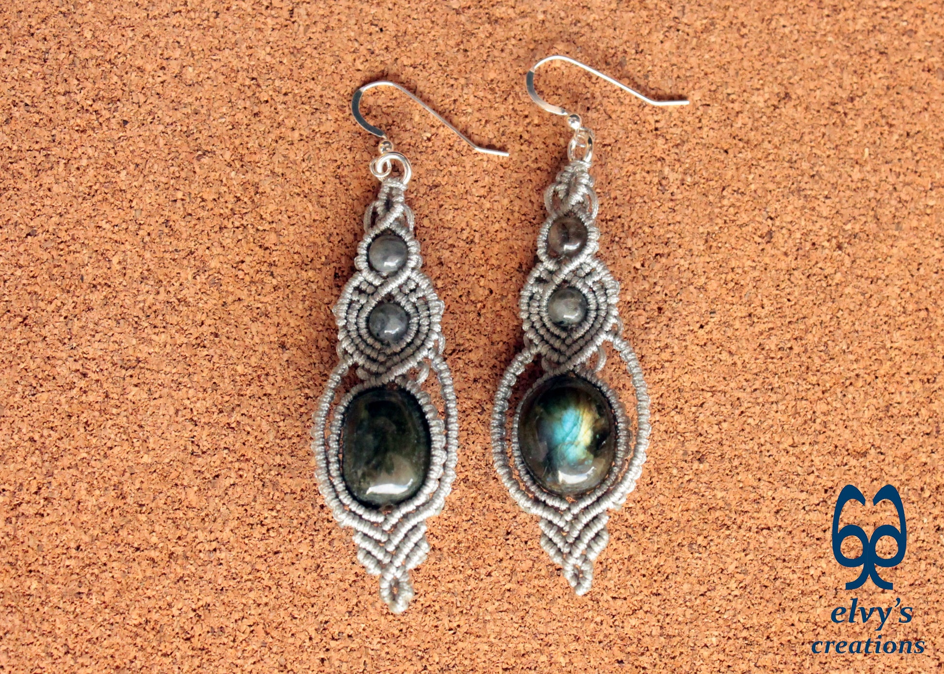 Macrame Beaded Earrings, Labradorite Gemstone Silver Earrings, Unique Birthday Gift for Women