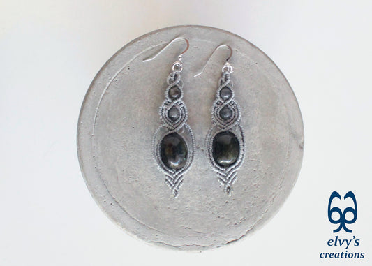 Macrame Beaded Earrings, Labradorite Gemstone Silver Earrings, Unique Birthday Gift for Women