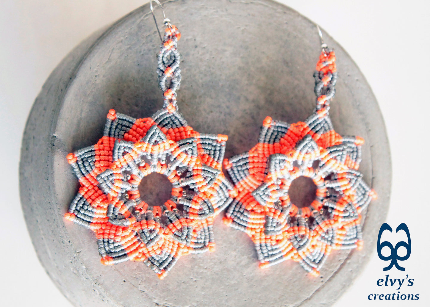 Mandala Flower Macrame Earrings, Silver Beaded Gemstone Earrings, Gift for Women