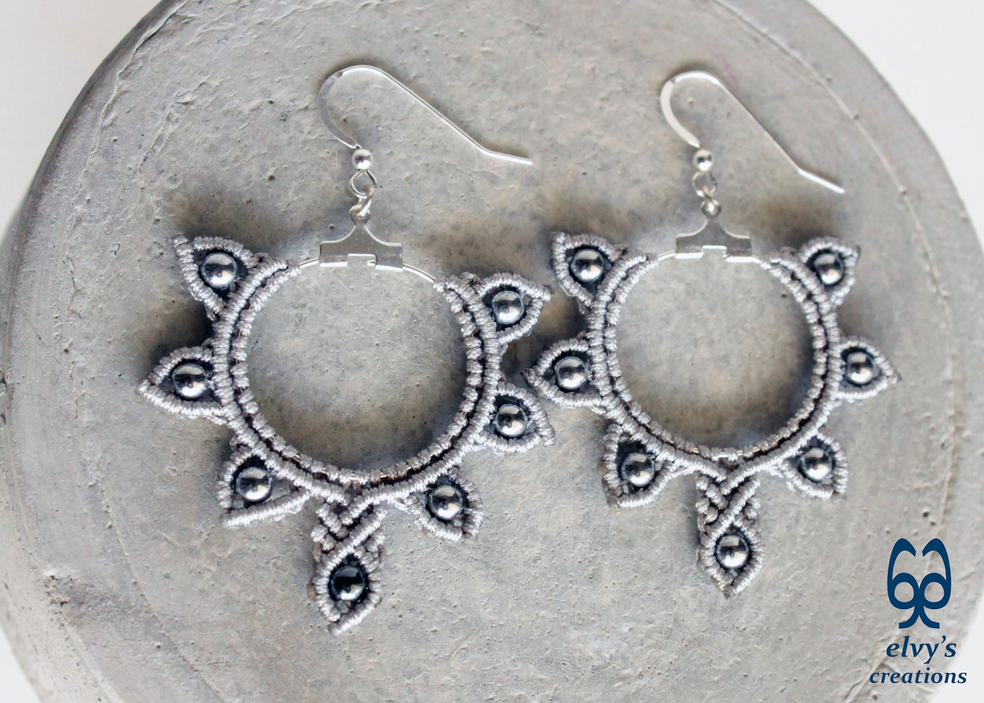 Silver Macrame Hoop Earrings Silver Hematite Gemstones Silver Yin Yang Earrings 