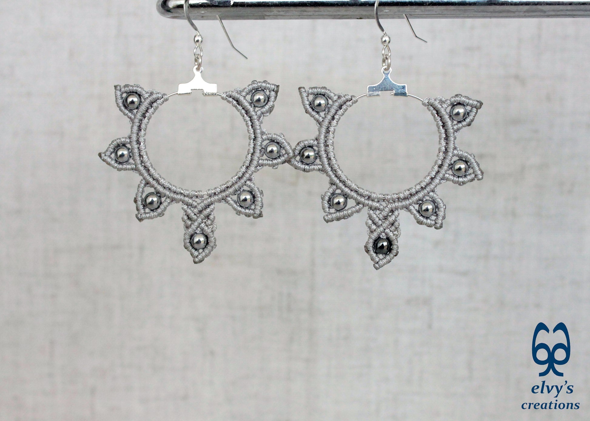 Silver Macrame Hoop Earrings Silver Hematite Gemstones Silver Yin Yang Earrings 