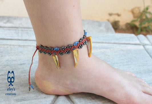 Terracotta Brown Anklet With Natural Gems Macrame Beaded Bracelet Hematite Blue Jade and Yellow Seashells