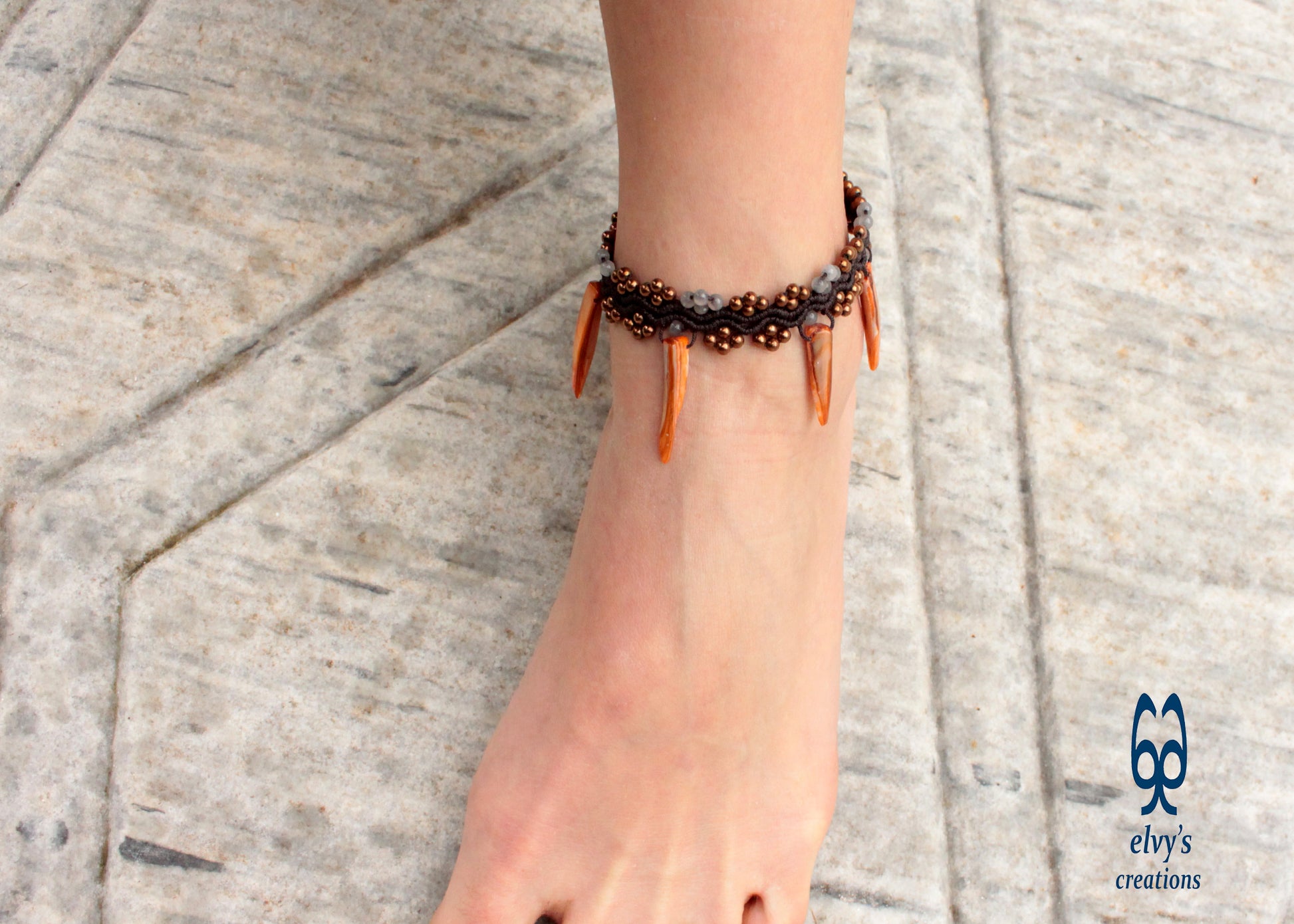 Terracotta Anklet Beaded Bracelet With Bronze Hematite Gray Jade and Orange Sea Shells Macrame Anklet Gift for her 'Starfish'