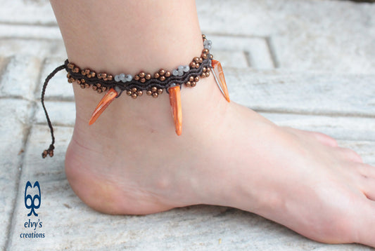 Terracotta Anklet Beaded Bracelet With Bronze Hematite Gray Jade and Orange Sea Shells Macrame Anklet Gift for her 'Starfish'
