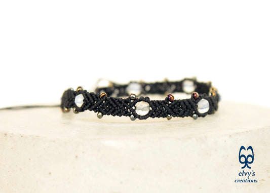 Black Macrame Moonstone Beaded Handmade Bracelet for Women - ElvysCreations