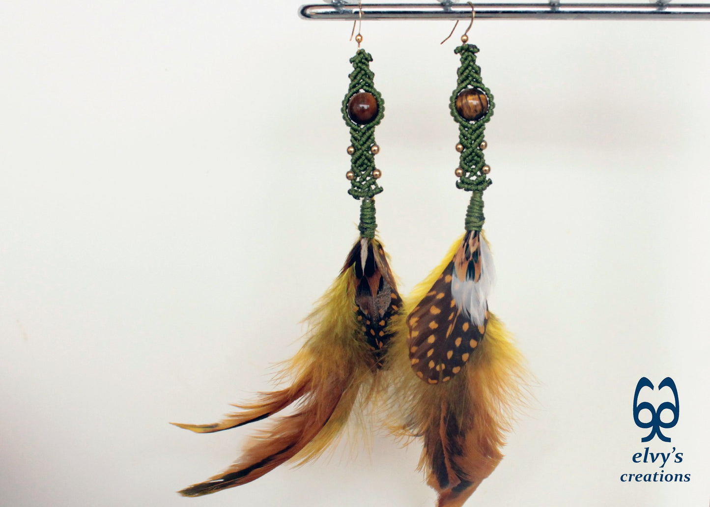 Green Earrings Macrame Beaded Gold Macrame Natural Yellow Feathers Tiger Eye Beaded Boho Earrings for Women