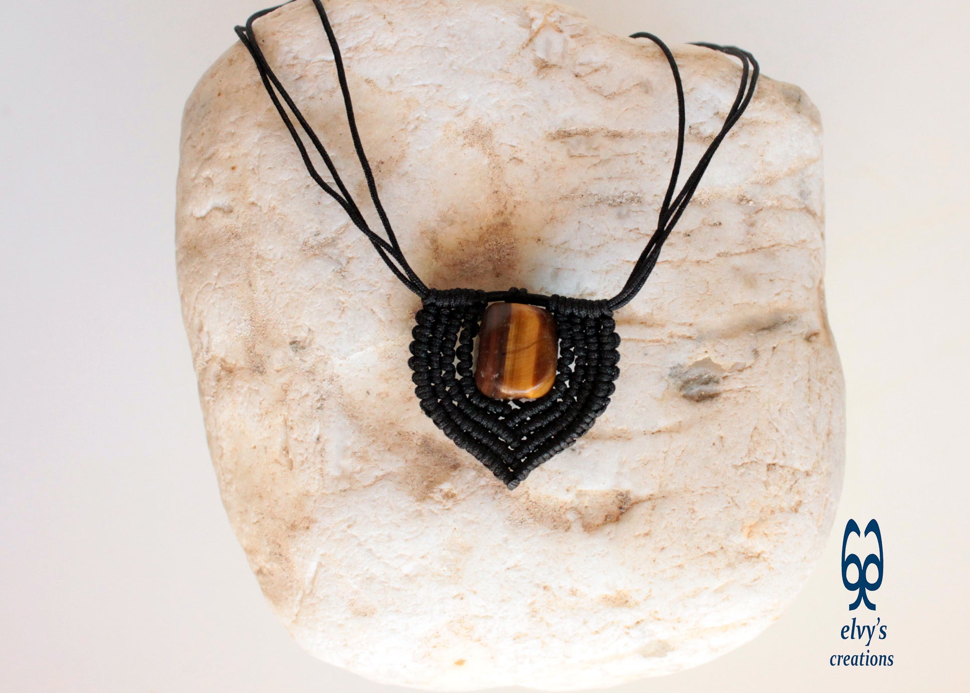 Brown Tiger Eye Macrame Beaded Necklace Heart Shaped Charm
