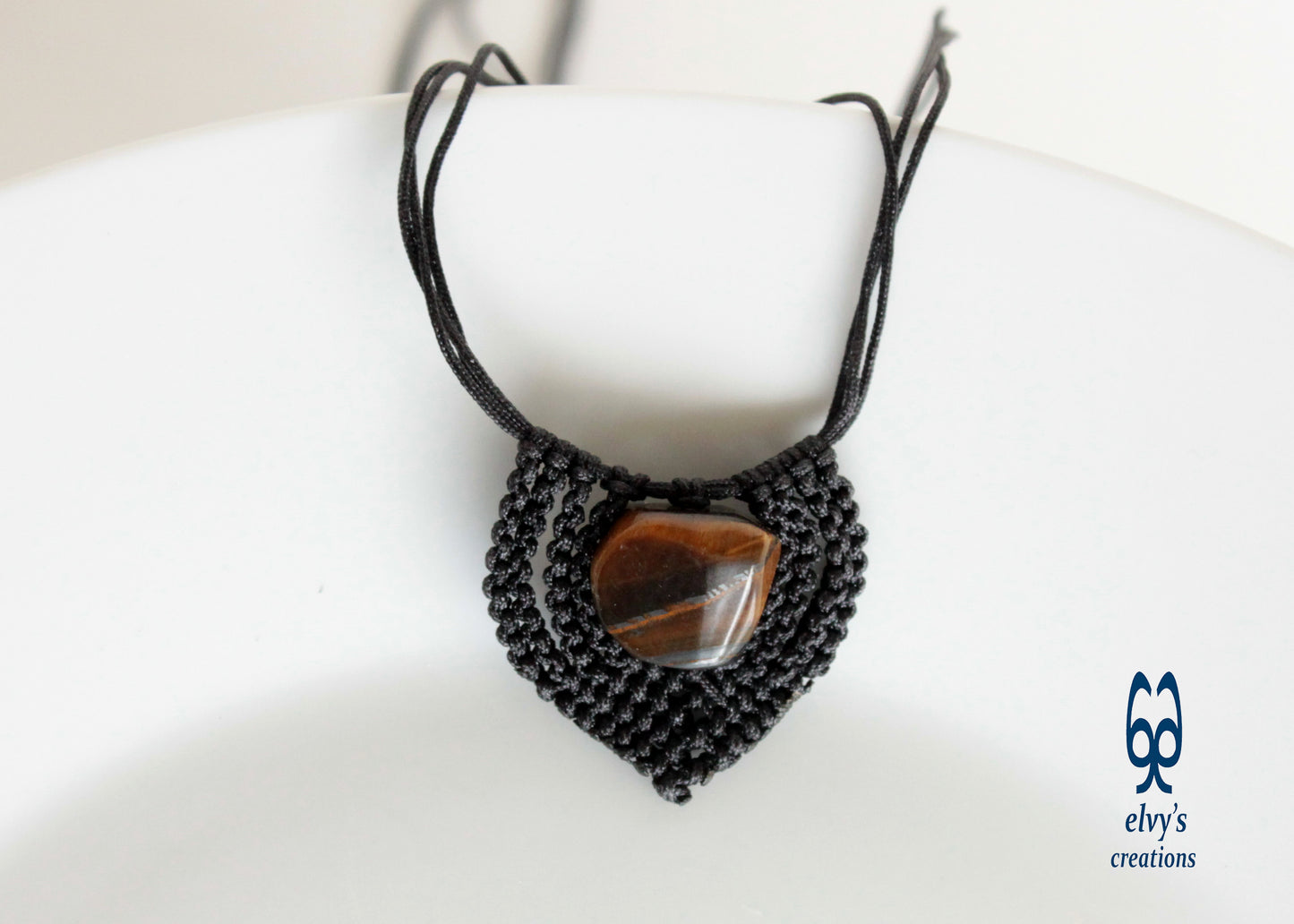 Brown Tiger Eye Macrame Beaded Necklace Heart Shaped Charm