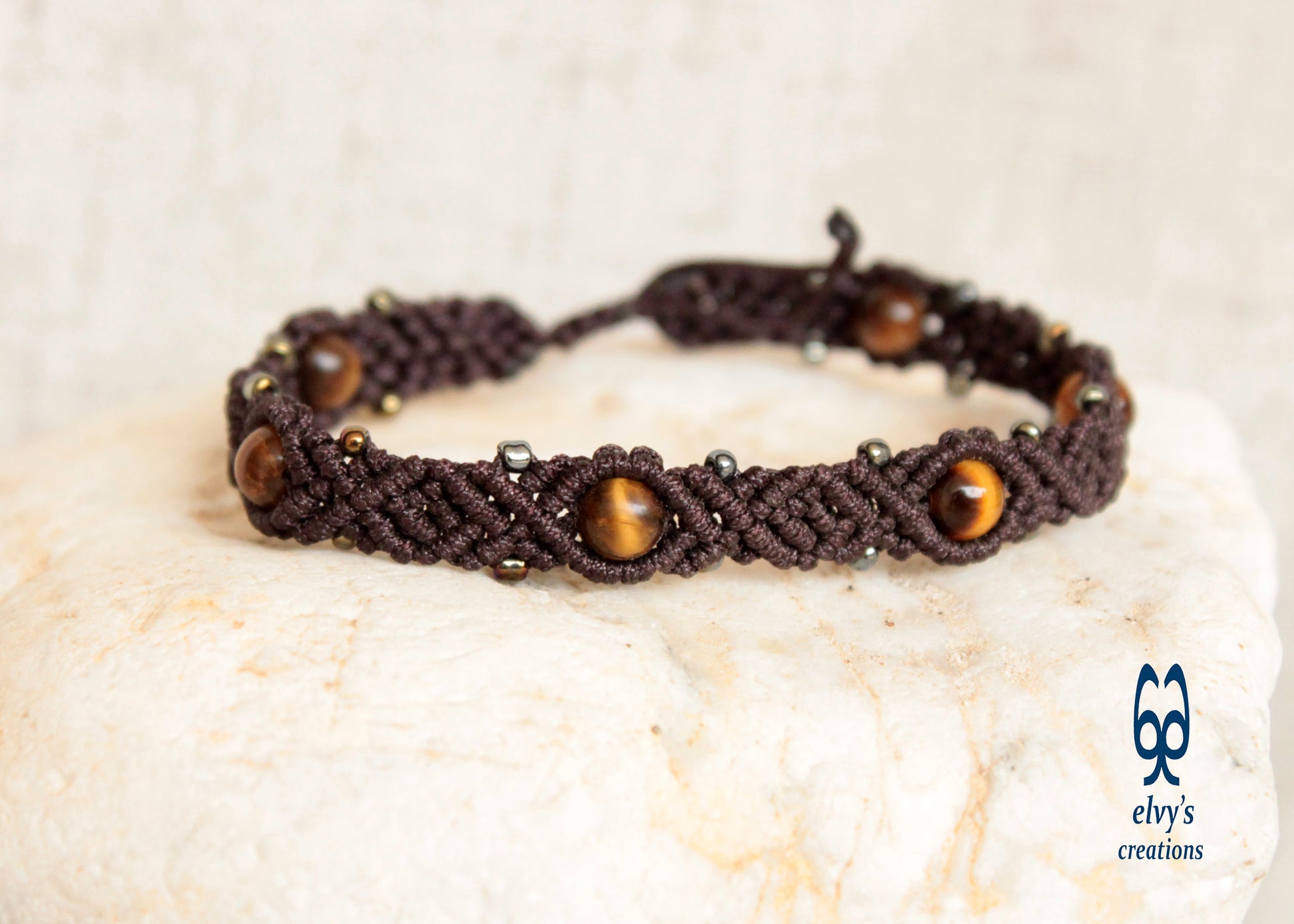 Macrame Brown Adjustable Beaded Bracelet with Tiger Eye Natural Gems for Men & Women Tribal Collection