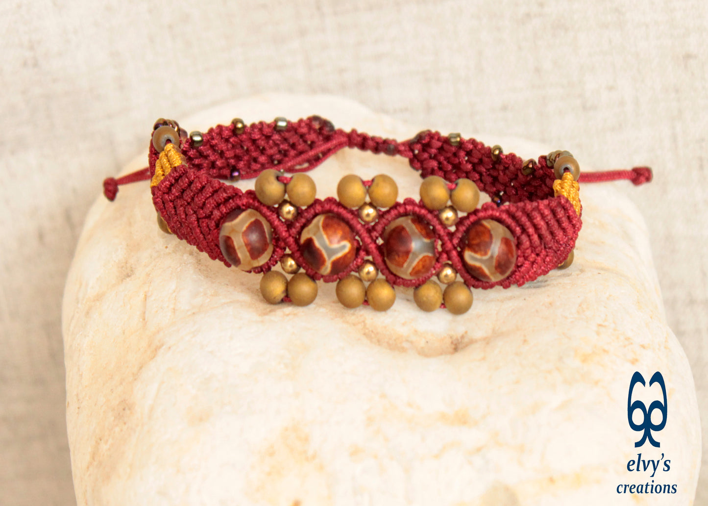 Macrame Red Agate and Gold Hematite Beaded Boho Tribal Fire Pebbles Festival Bracelet for Women