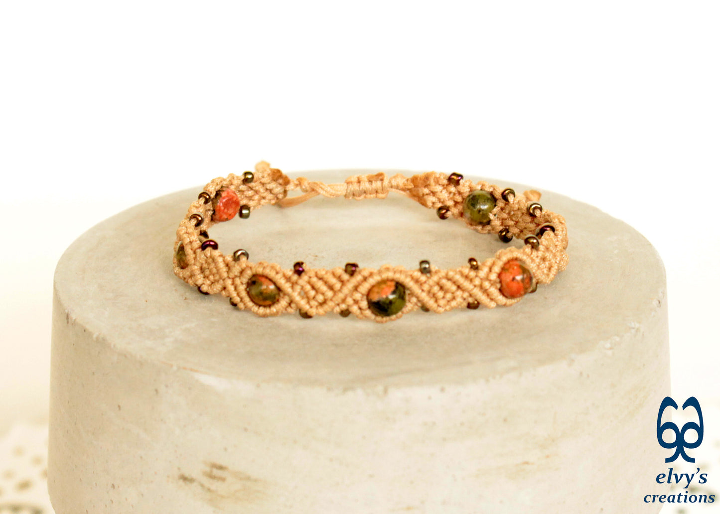 Beige Macrame Green Jasper Natural Gemstones Boho Beaded Bracelet for Women 