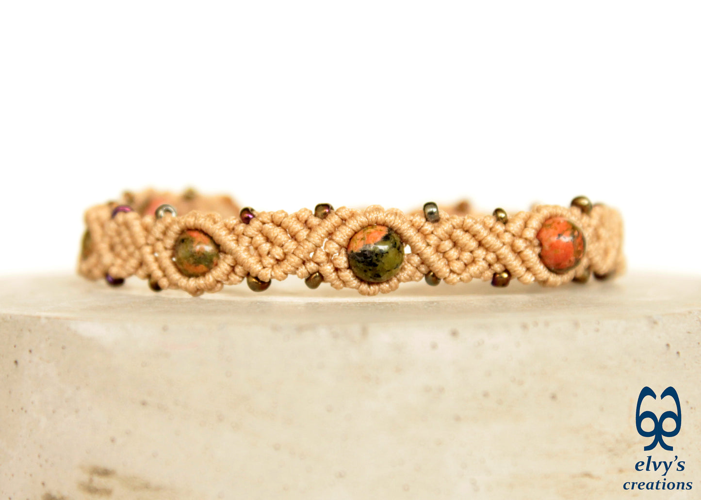 Beige Macrame Green Jasper Natural Gemstones Boho Beaded Bracelet for Women 