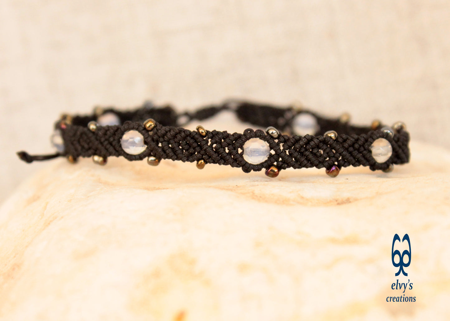 Black Macrame Moonstone Beaded Handmade Bracelet