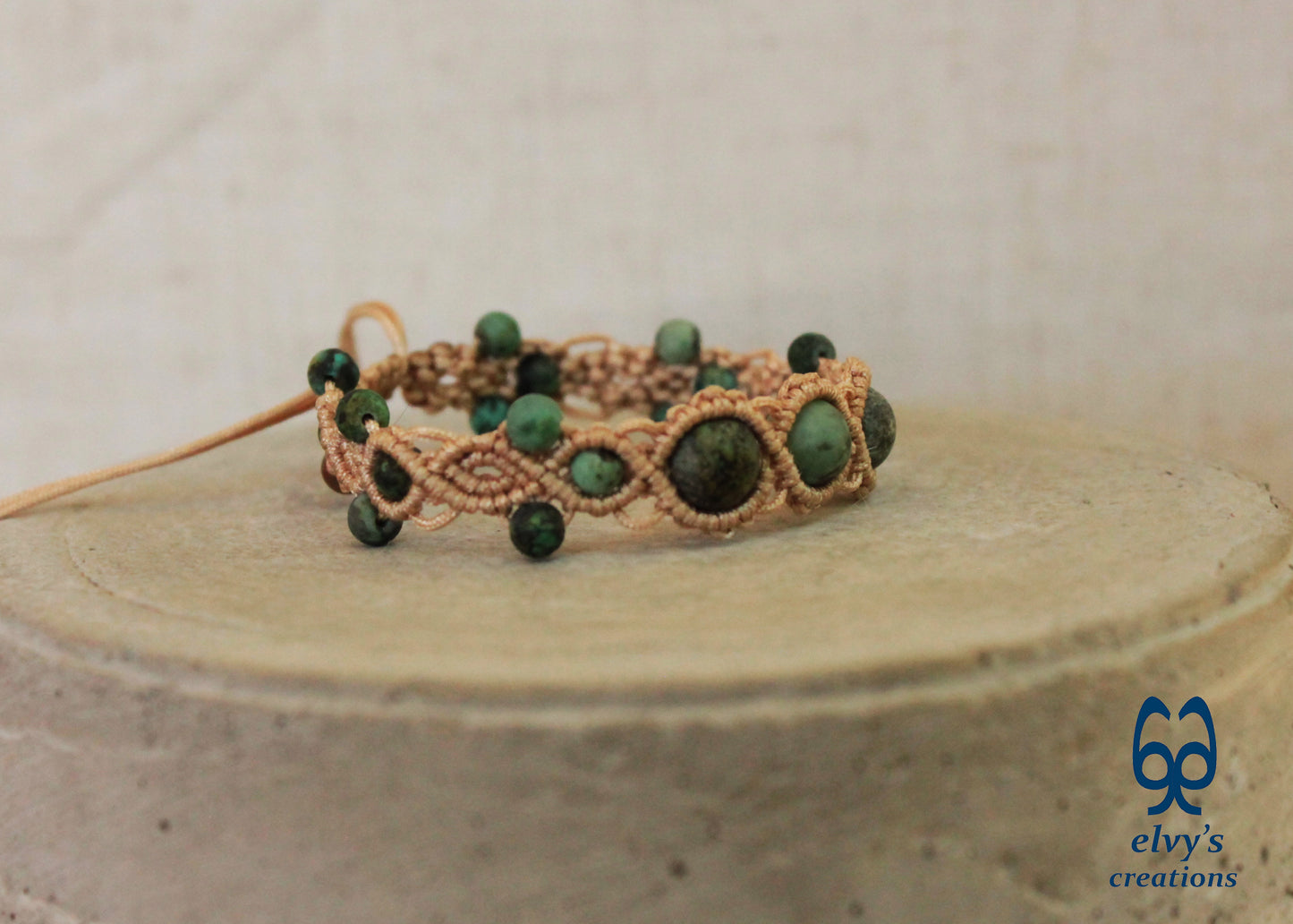 Handmade Beige Macrame Bracelet with Turquoise Gemstones Boho Summer Bracelet