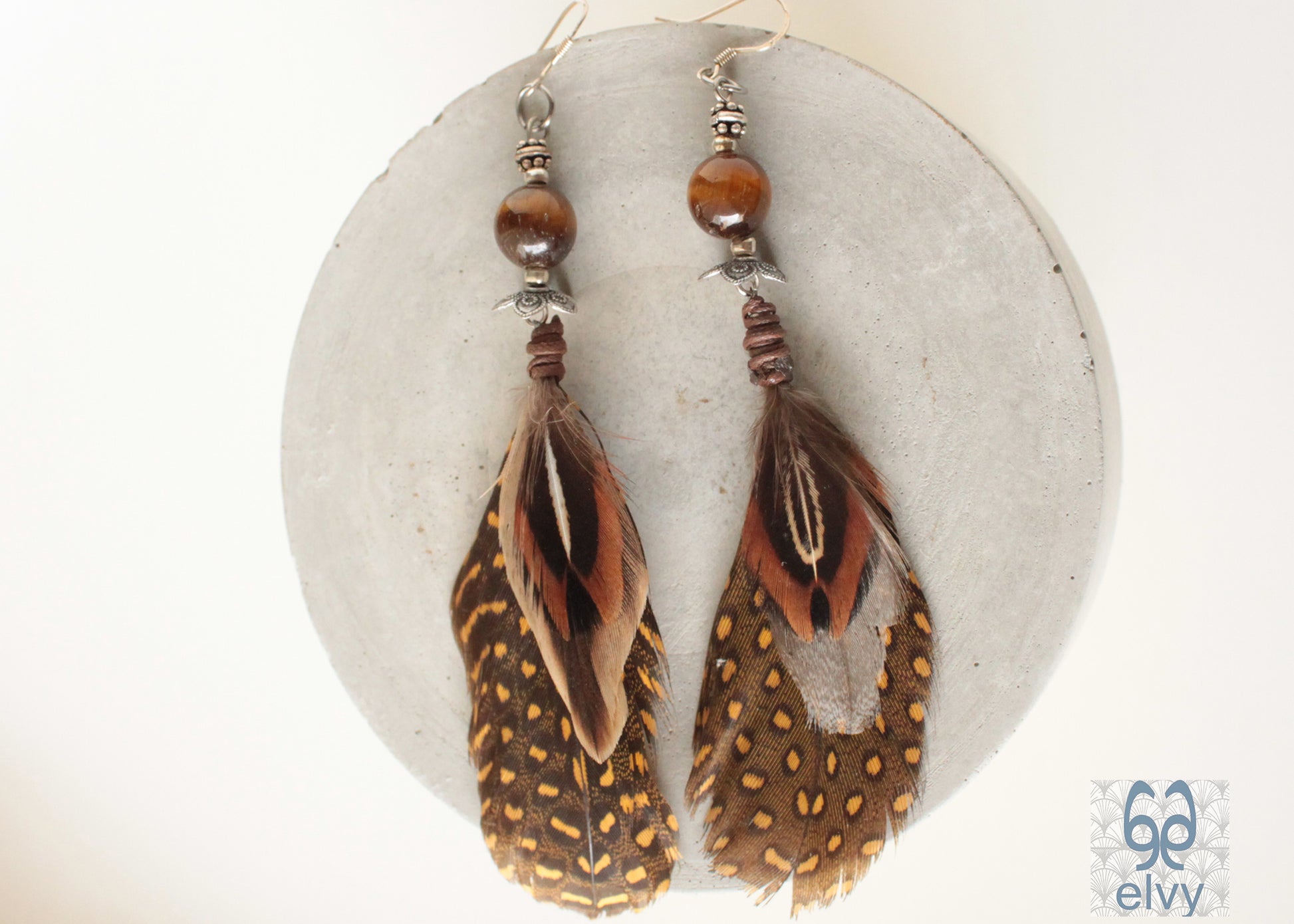 Brown and Yellow Tribal Earrings Tiger Eye Dangle with Natural Feather and Sterling Silver Elements - ElvysCreations