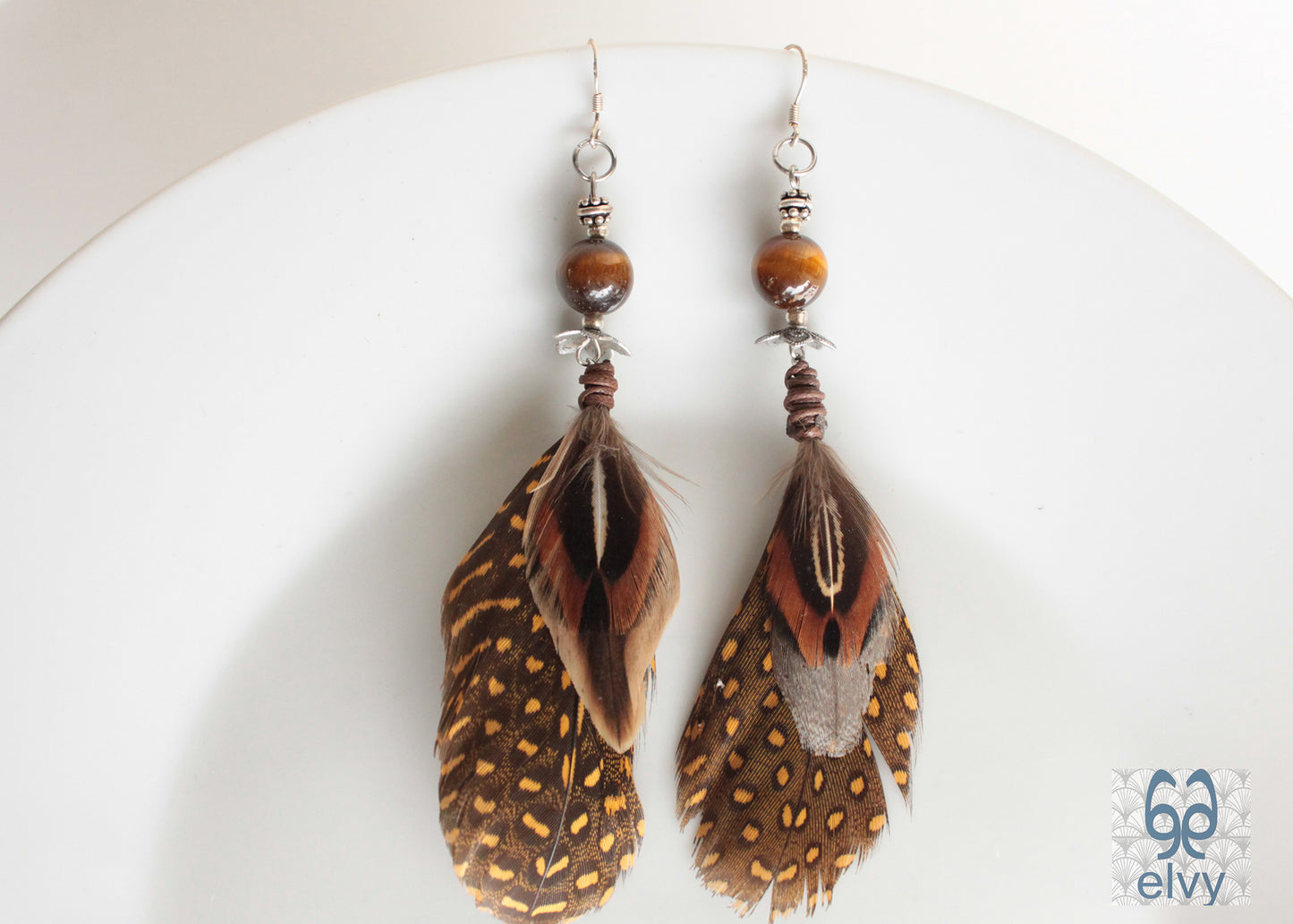 Brown and Yellow Tribal Earrings Tiger Eye Dangle with Natural Feather and Sterling Silver Elements - ElvysCreations
