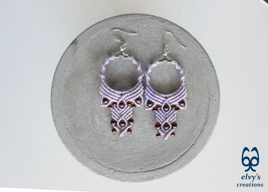 Lavender Purple Macrame Hoop Earrings with Bronze Hematite Gemstones Dangle and Drop Earrings Purple Macrame Hoop Earrings