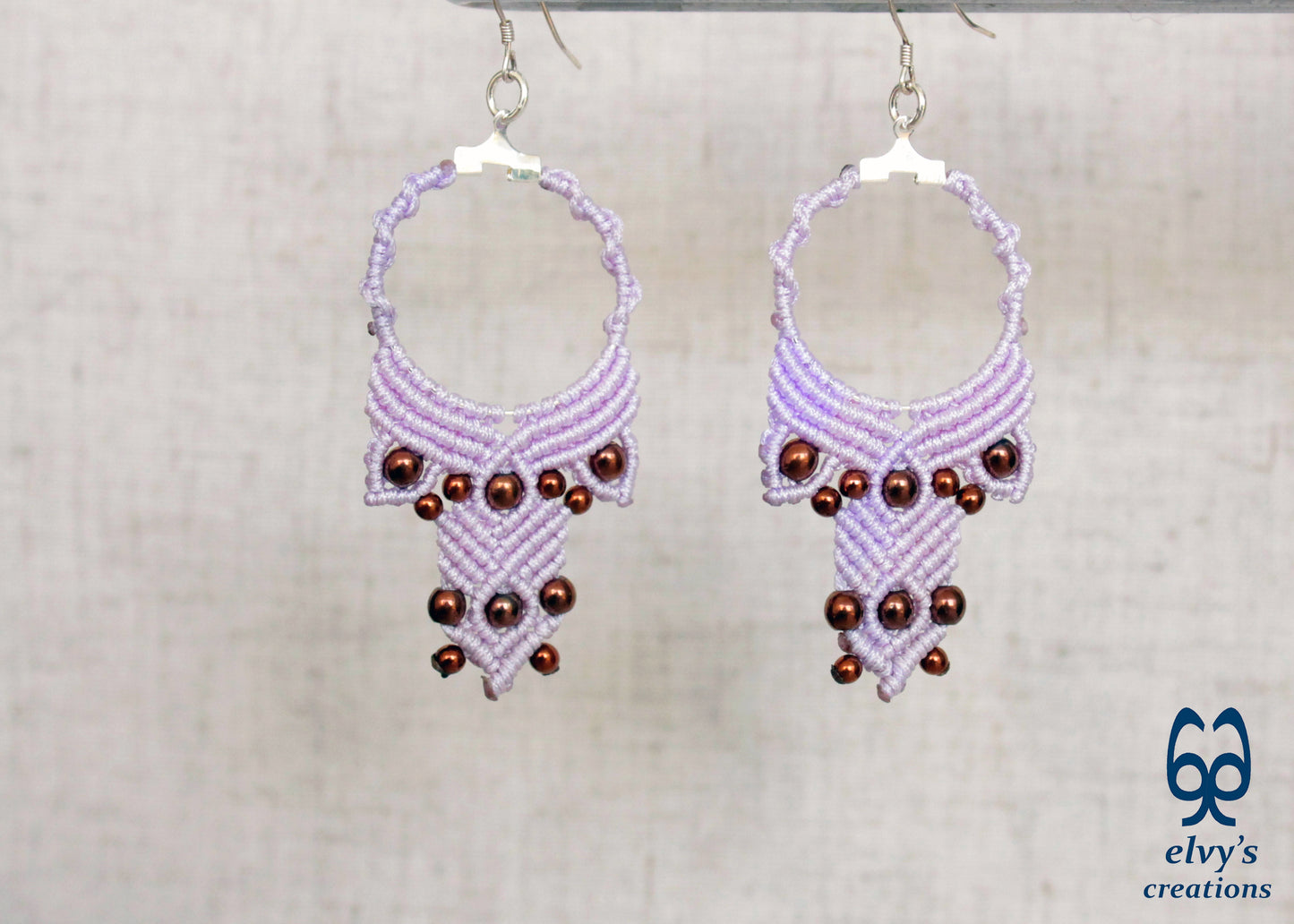 Lavender Purple Macrame Hoop Earrings with Bronze Hematite Gemstones Dangle and Drop Earrings Purple Macrame Hoop Earrings