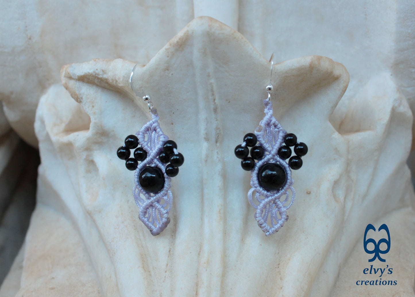 Handmade Grey Macramé Earrings with Black Onyx Gemstones, Silver Macramé Bohemian Earrings