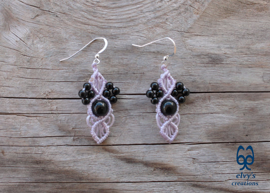 Handmade Grey Macramé Earrings with Black Onyx Gemstones, Silver Macramé Bohemian Earrings