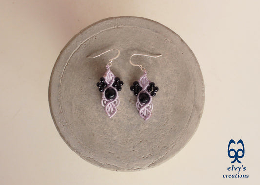 Handmade Grey Macramé Earrings with Black Onyx Gemstones, Silver Macramé Bohemian Earrings