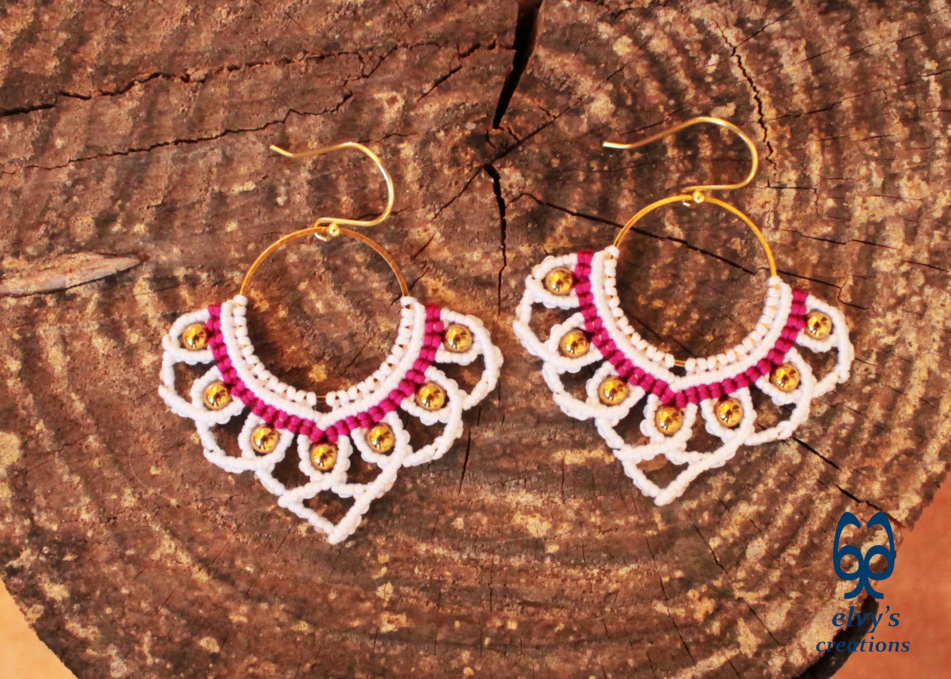 White Macrame Earrings with Hematite Gemstones Lotus Gold Hoop Earrings