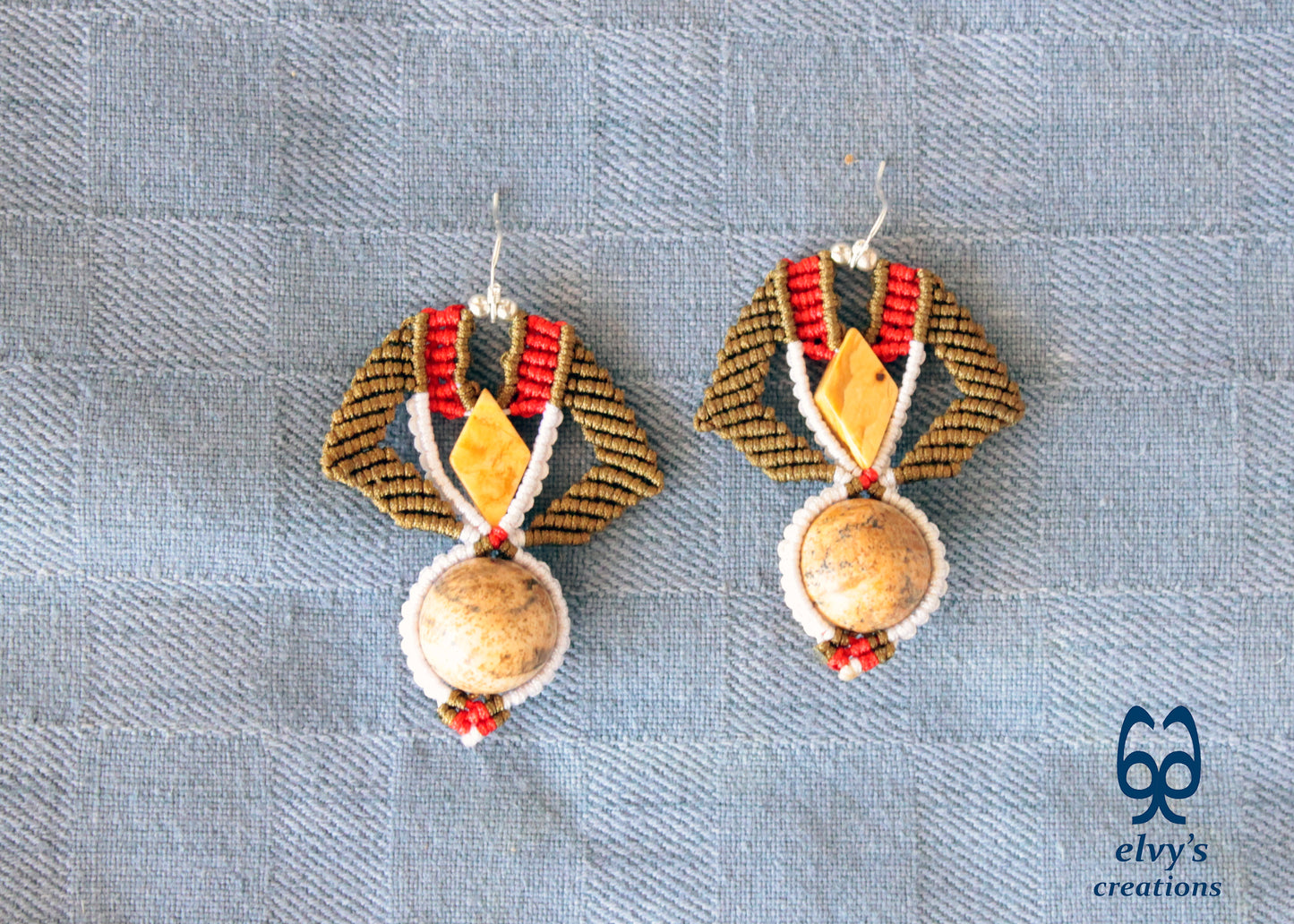 Yellow Agate Macrame Earrings, Red and Gold Dangle Gemstone Beaded Earrings, Unique Birthday Gift for Women