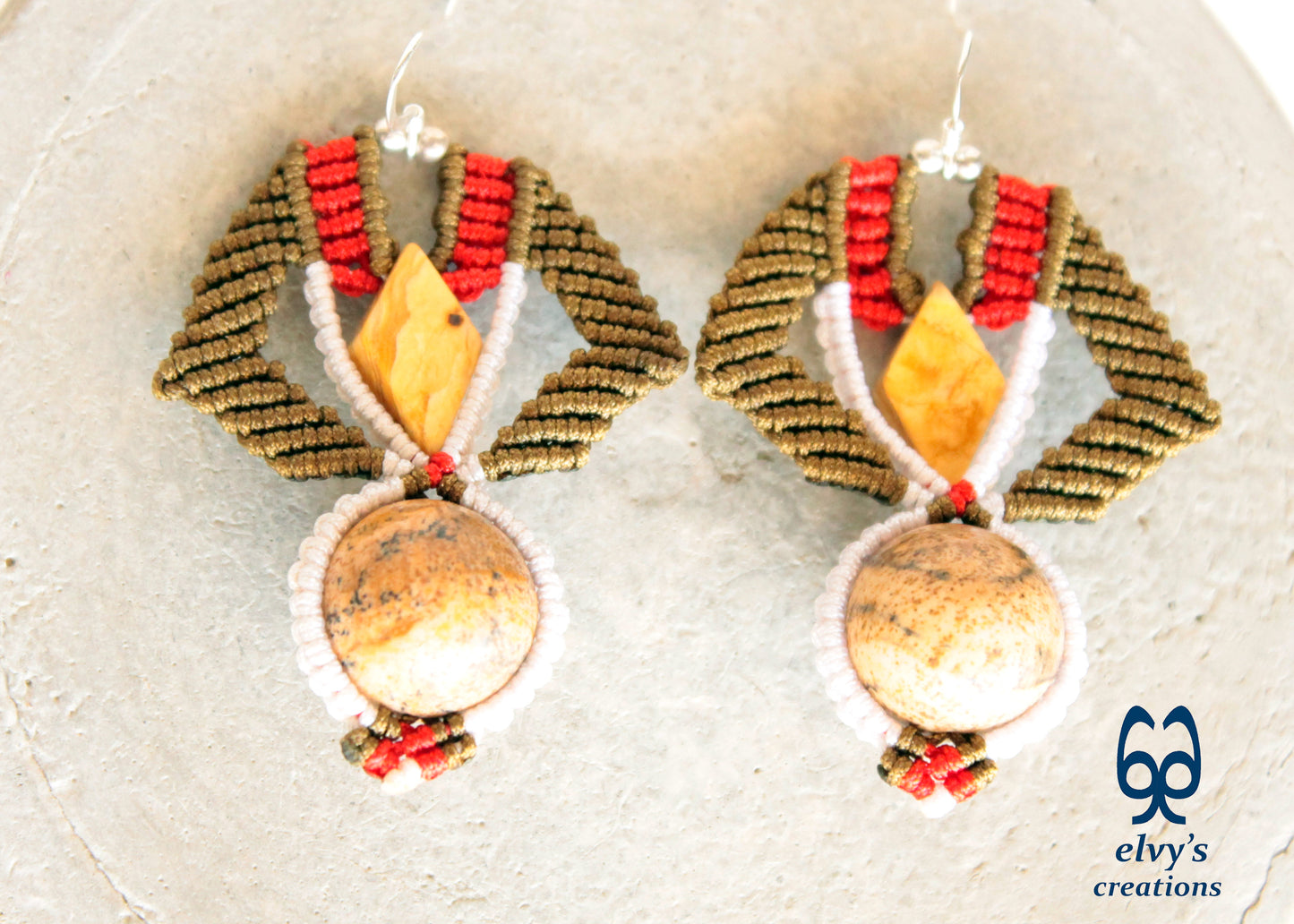 Yellow Agate Macrame Earrings, Red and Gold Dangle Gemstone Beaded Earrings, Unique Birthday Gift for Women