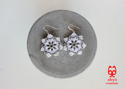 Macrame Christmas Star Earrings Holiday Season New Year Gift for her White Dangle Stars with Silver Brass Beads Handmade Christmas Present