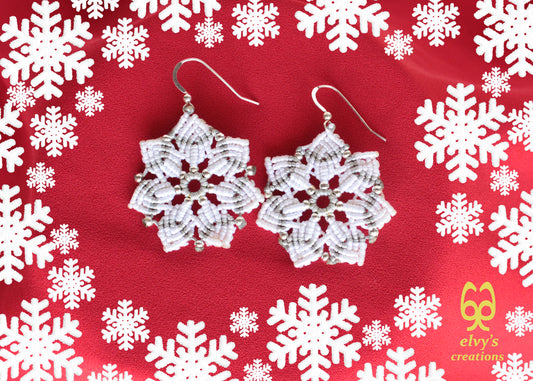 Macrame Christmas Star Earrings Holiday Season New Year Gift for her White Dangle Stars with Silver Brass Beads Handmade Christmas Present