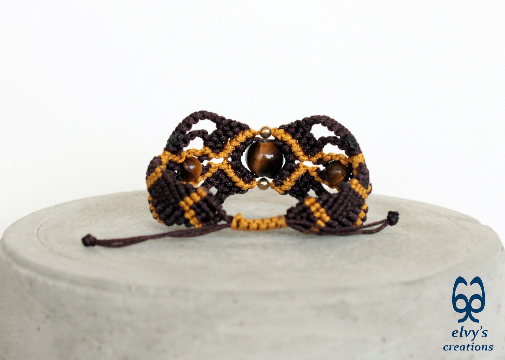Brown and Gold Macrame Tiger Eye and Hematite Beaded Bracelet Gift for Men or Women Nature Wildlife Collection