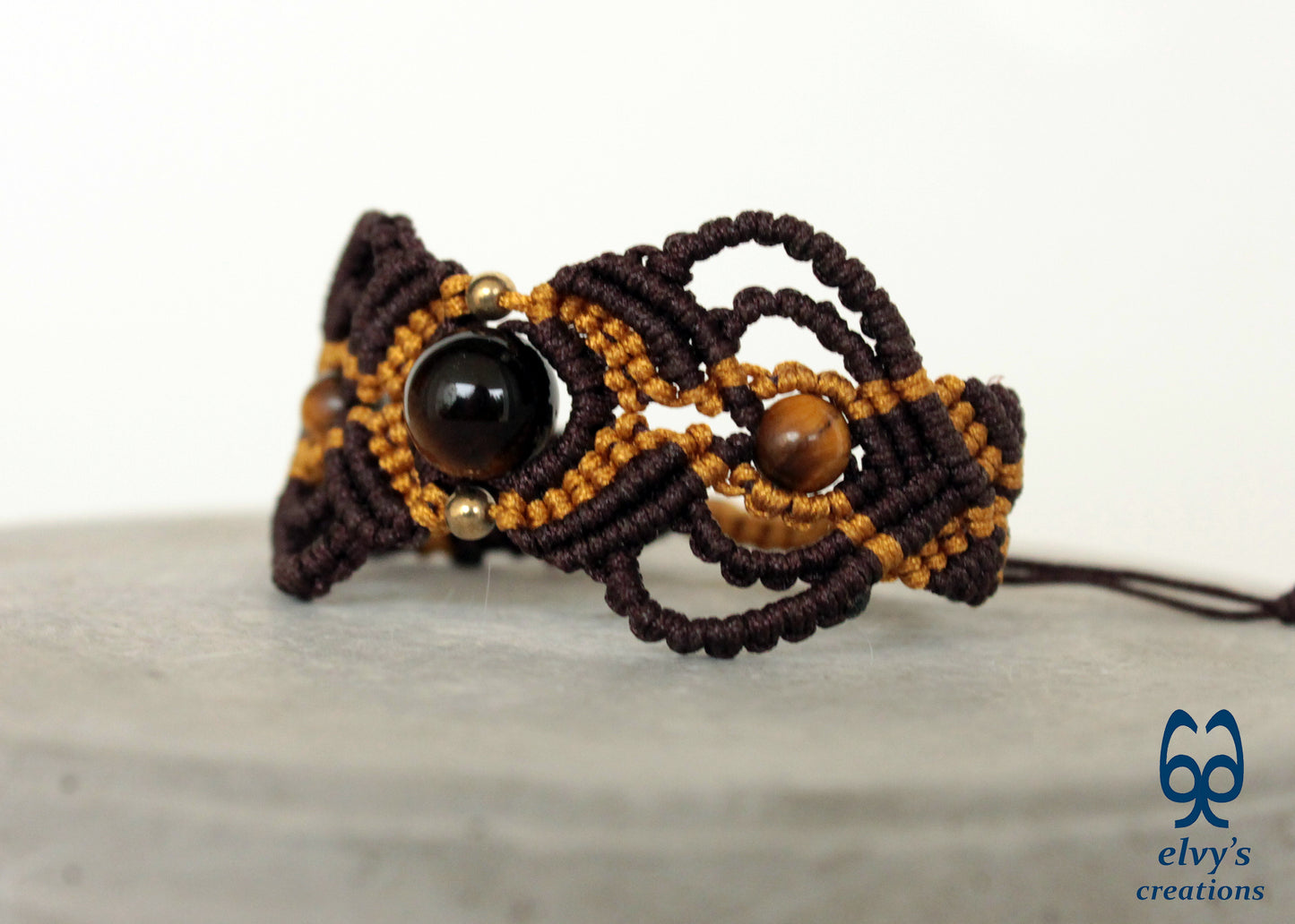 Brown and Gold Macrame Tiger Eye and Hematite Beaded Bracelet Gift for Men or Women Nature Wildlife Collection