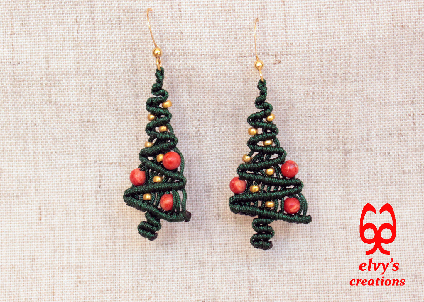 Macrame Christmas Tree Earrings Holiday Season New Year Gift for her Green Xmas Tree with Golden Brass Beads and Red Natural Corals