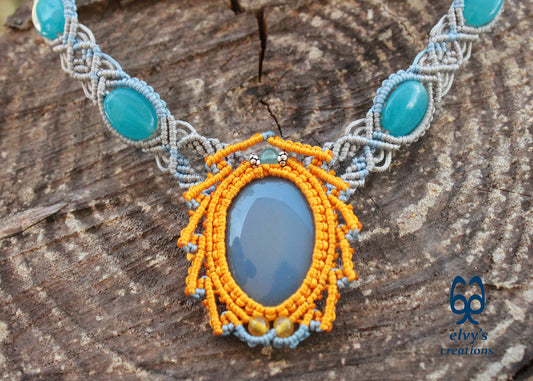 Blue Macrame Necklace Jade Gemstone Silver Choker Necklace Yellow Necklace 