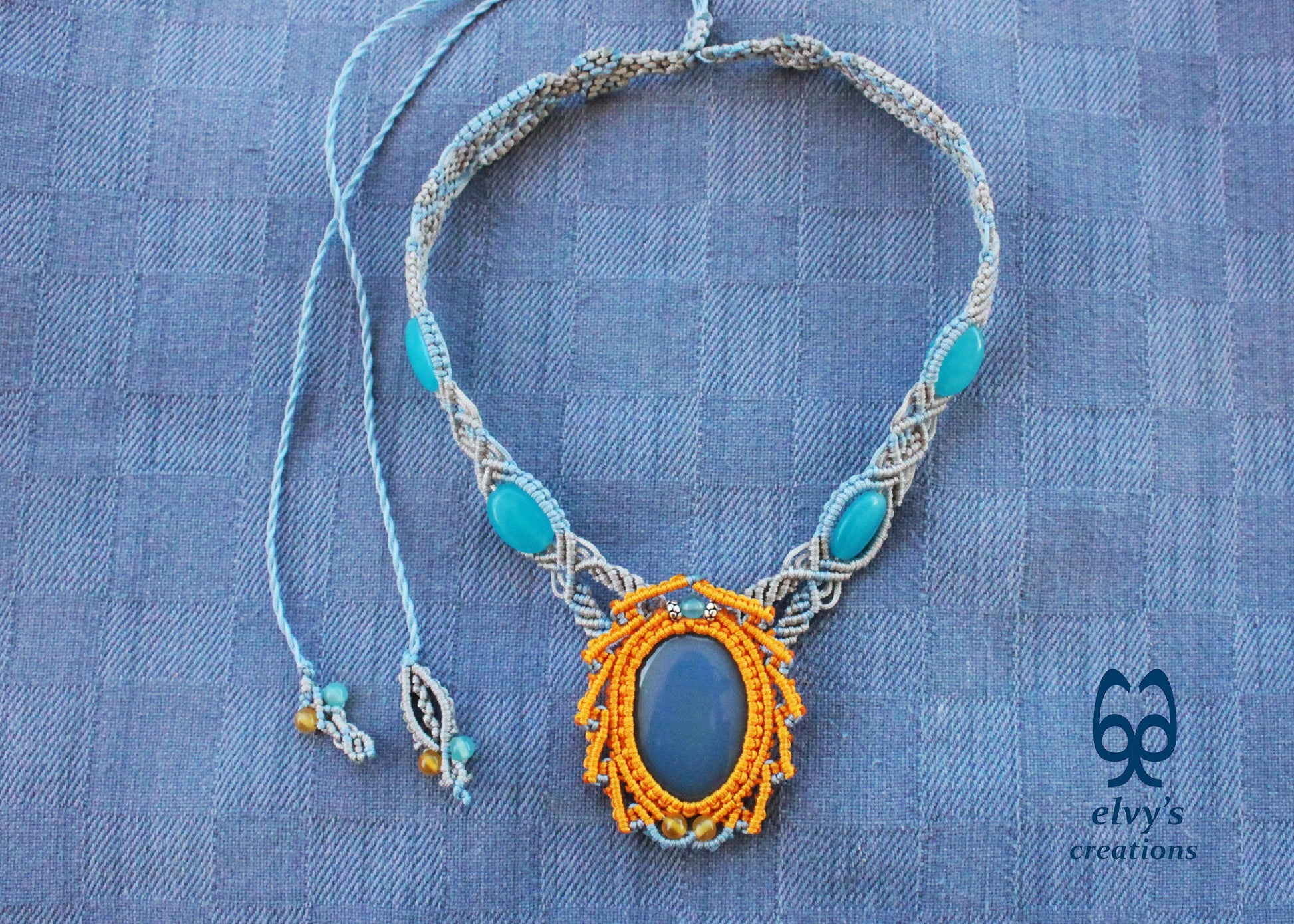 Blue Macrame Necklace Jade Gemstone Silver Choker Necklace Yellow Necklace 