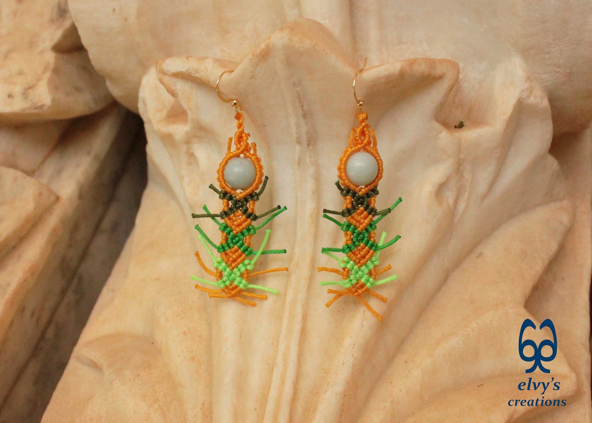 Yellow Macrame Earrings with Milky Quartz Green Gemstones
